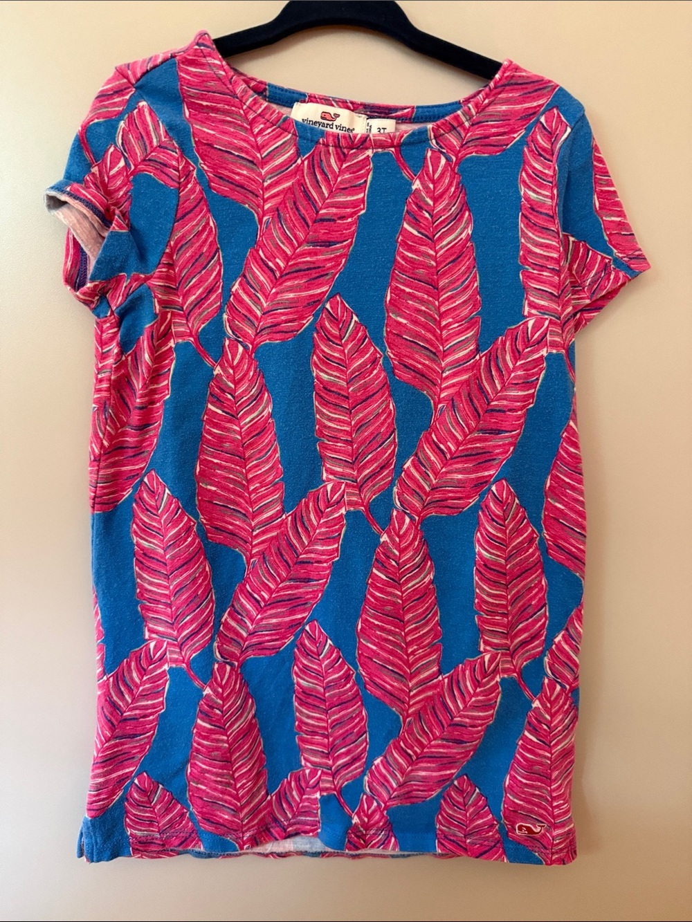 Vineyard Vines Blue Short Sleeve Top with Pink Leaf Print
